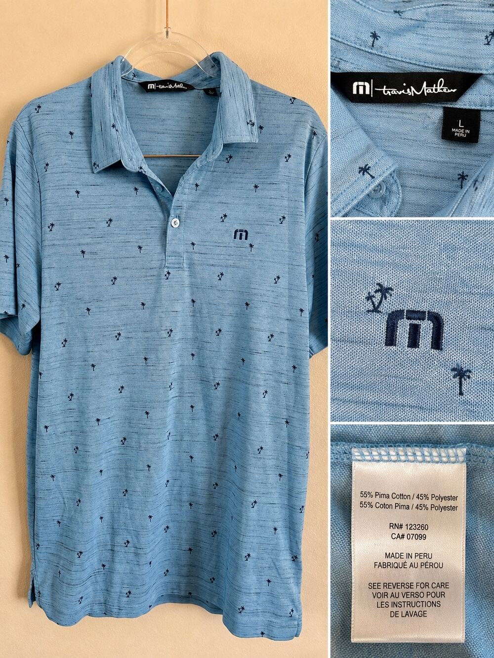 TravisMathew Men’s L Blue Palm Tree Print Golf Polo Shirt Pima Cotton